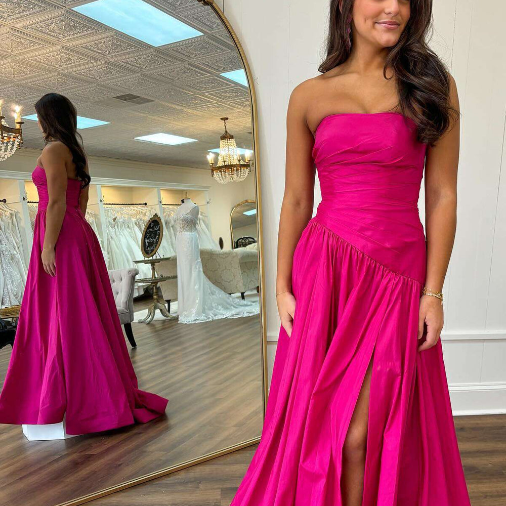 
                      
                        Strapless Emerald Ruched A-line Long Dress with Slit
                      
                    