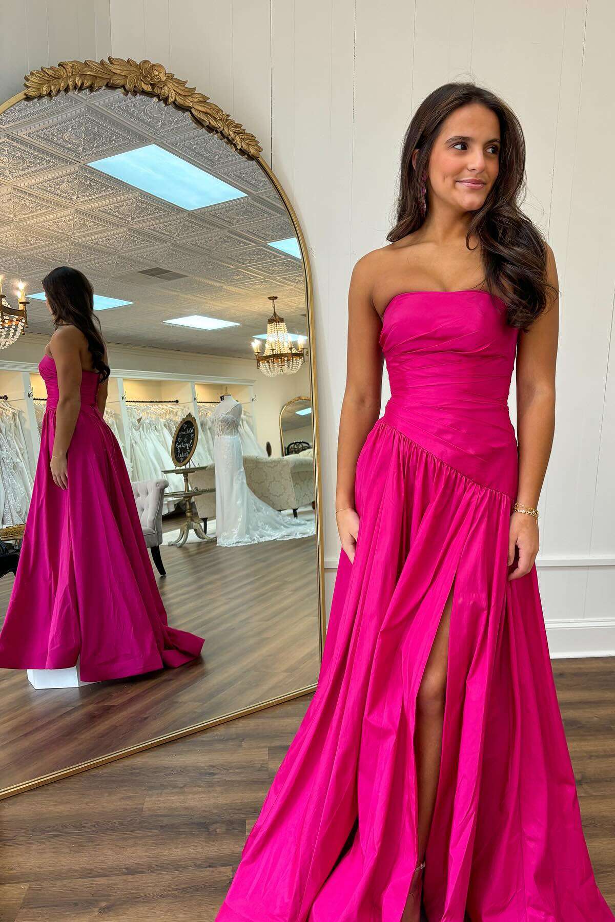 Strapless Emerald Ruched A-line Long Dress with Slit