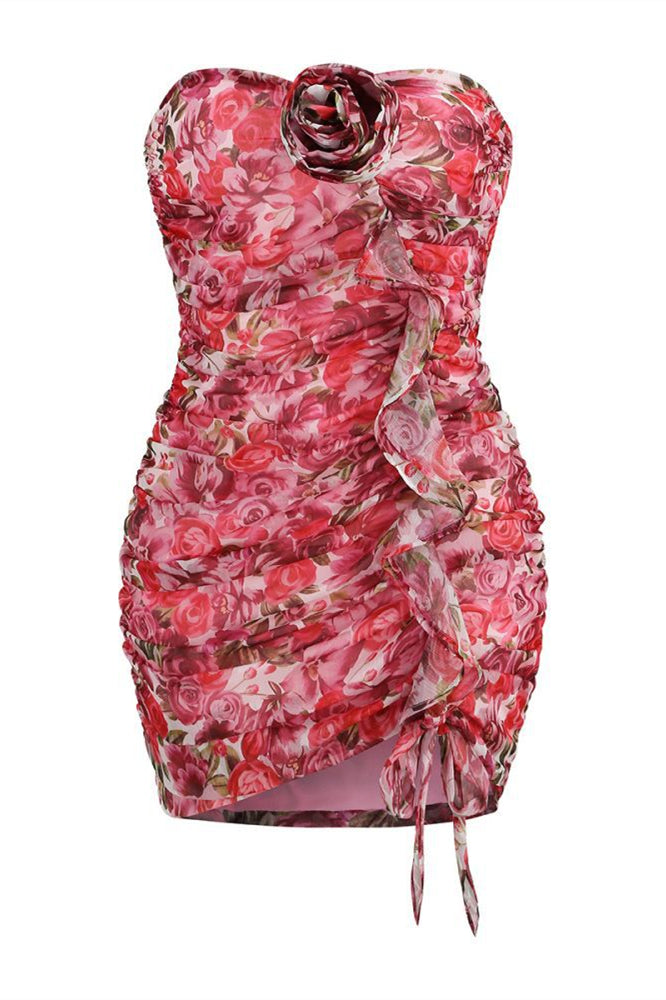 Strapless Floral Print Bodycon Short Dress with Rosette