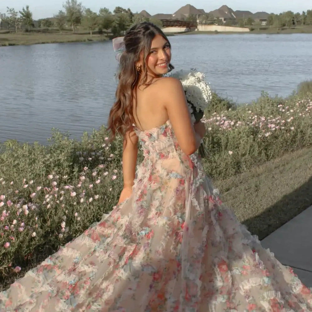 
                      
                        Strapless Floral Print Ruffle Long Dress with Slit
                      
                    