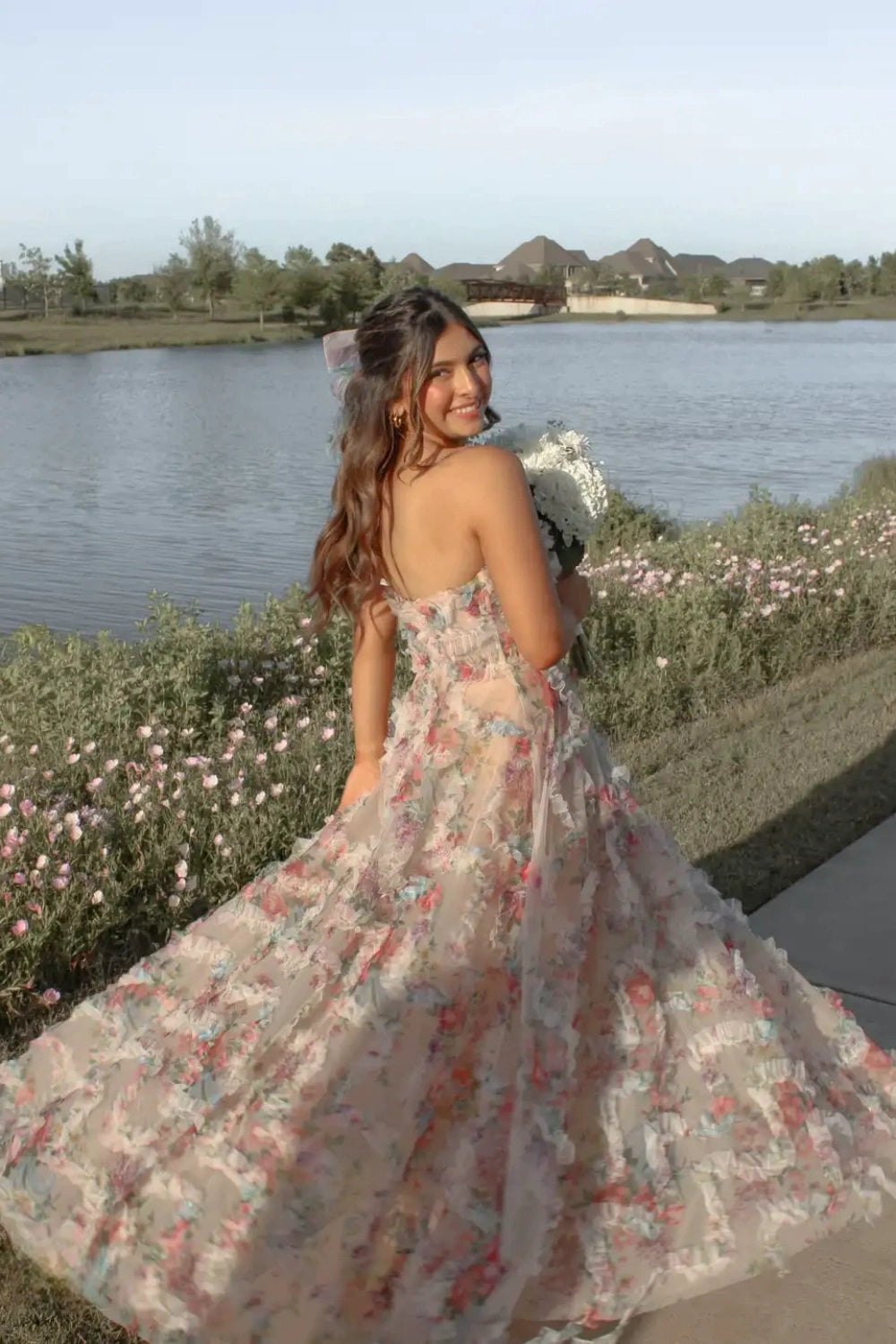 Strapless Floral Print Ruffle Long Dress with Slit