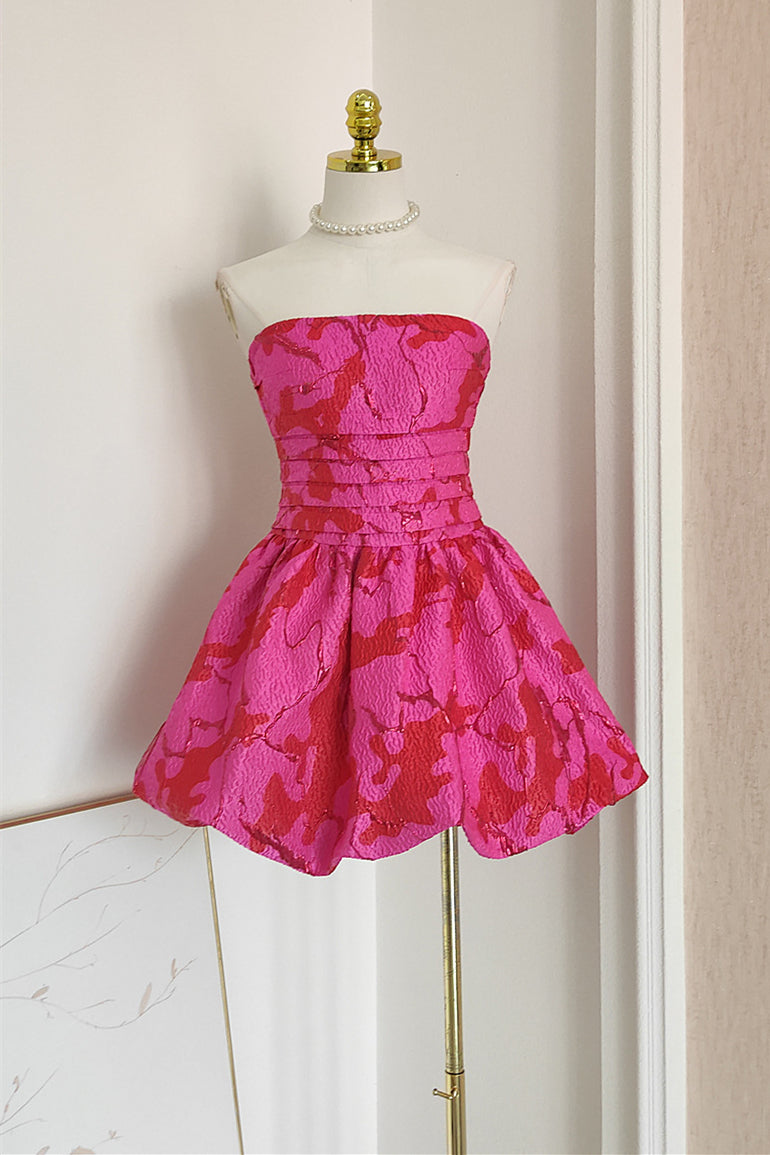 Strapless Fuchsia Jacquard Pleated Bud Dress