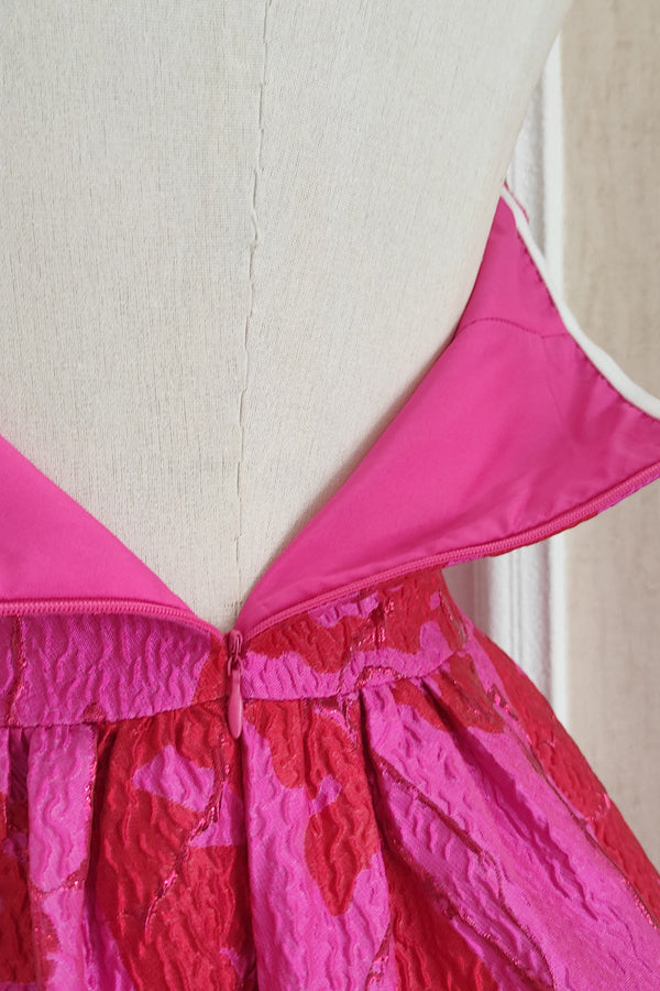 
                      
                        Strapless Fuchsia Jacquard Pleated Bud Dress
                      
                    