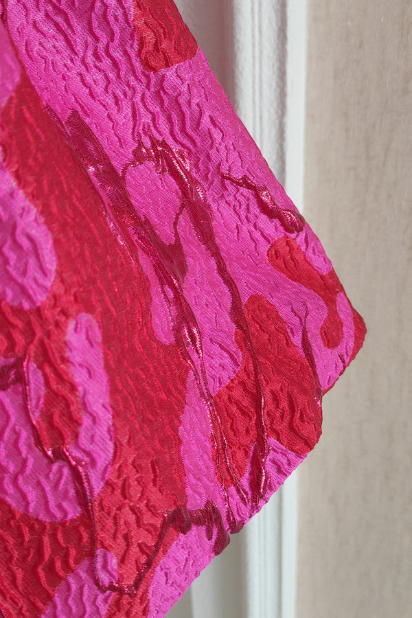 
                      
                        Strapless Fuchsia Jacquard Pleated Bud Dress
                      
                    
