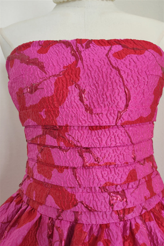 
                      
                        Strapless Fuchsia Jacquard Pleated Bud Dress
                      
                    