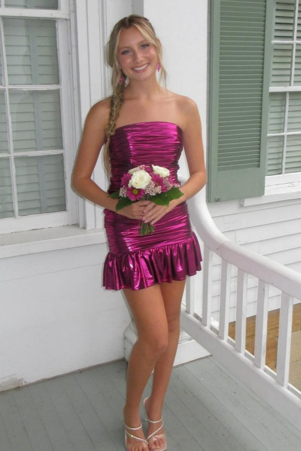 Strapless Fuchsia Metallic Ruched Ruffled Short Dress