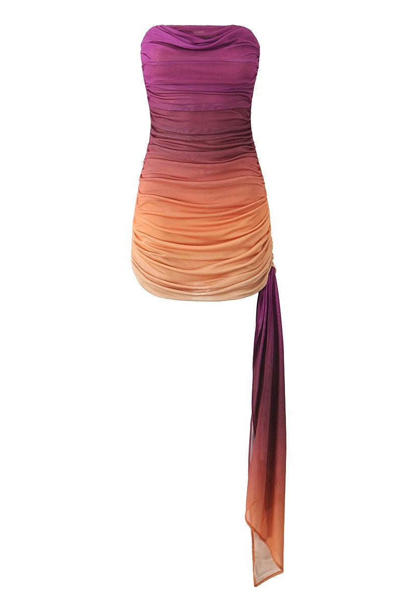 Strapless Gradient Color Ruched Short Dress with Shawl