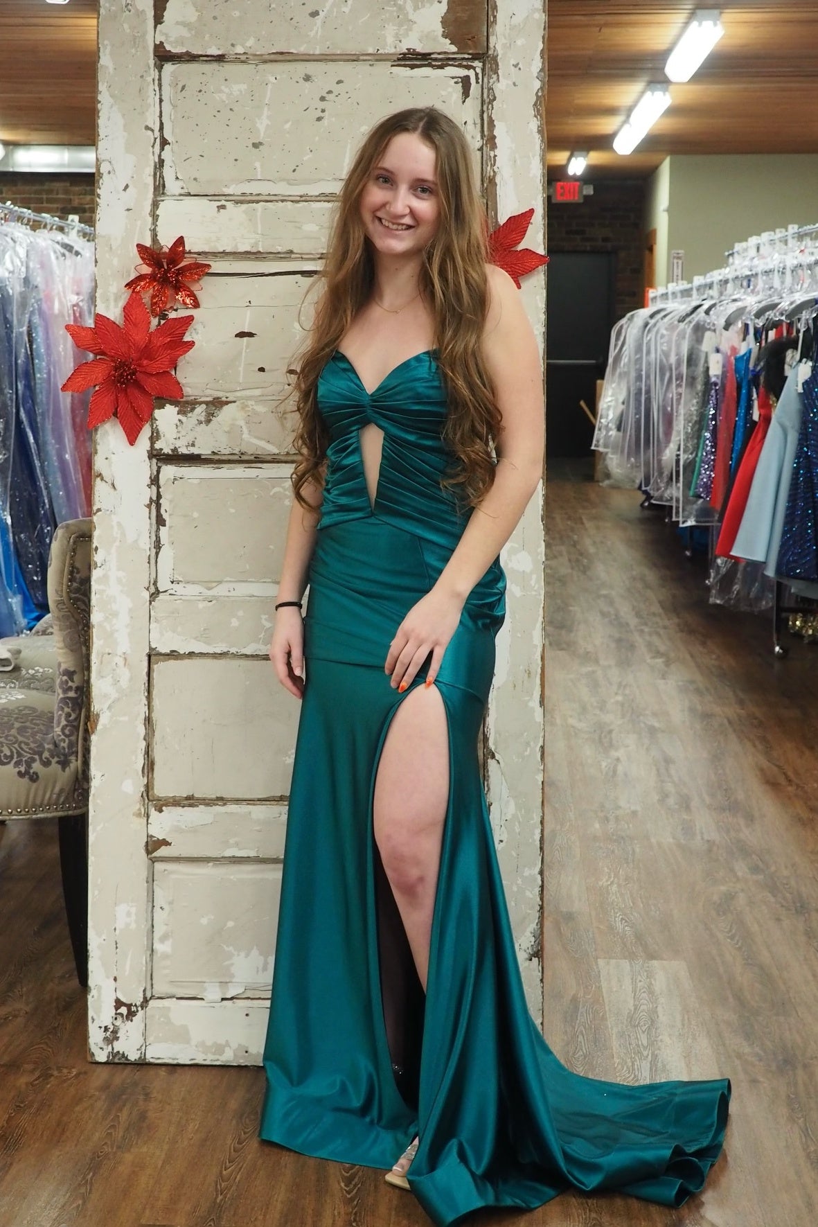 Strapless Hot Pink Pleated Mermaid Long Dress with Slit