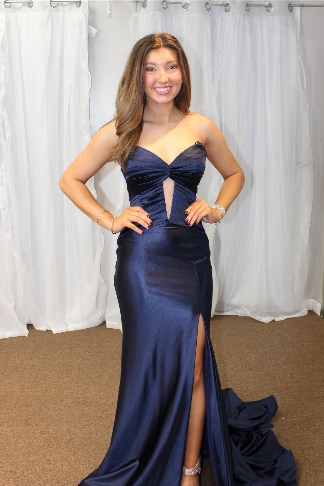 Strapless Hot Pink Pleated Mermaid Long Dress with Slit