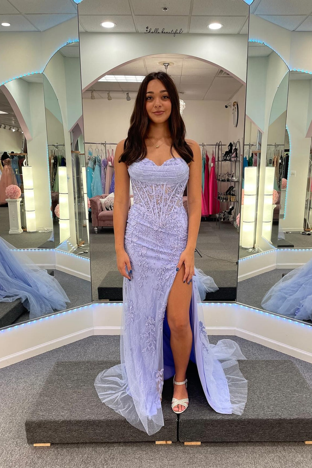 Strapless Lavender Lace Appliques Long Dress with Slit