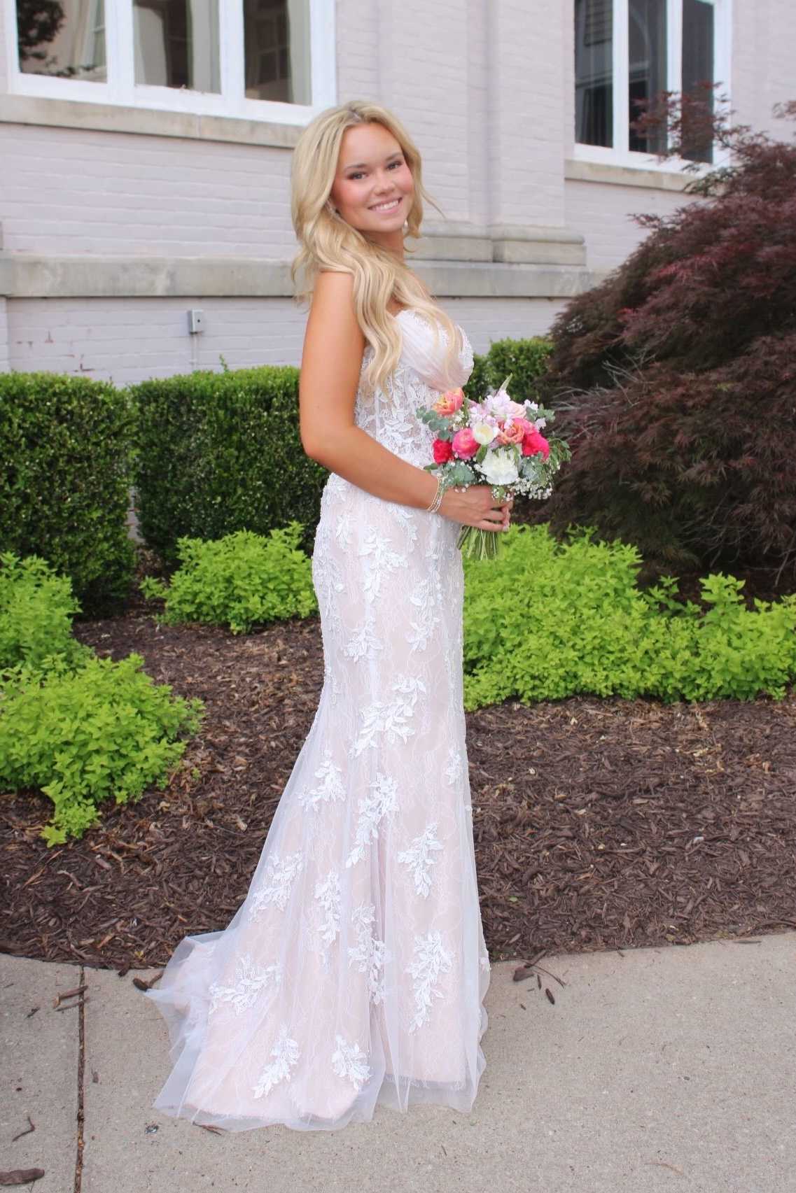 Strapless Lavender Lace Appliques Long Dress with Slit
