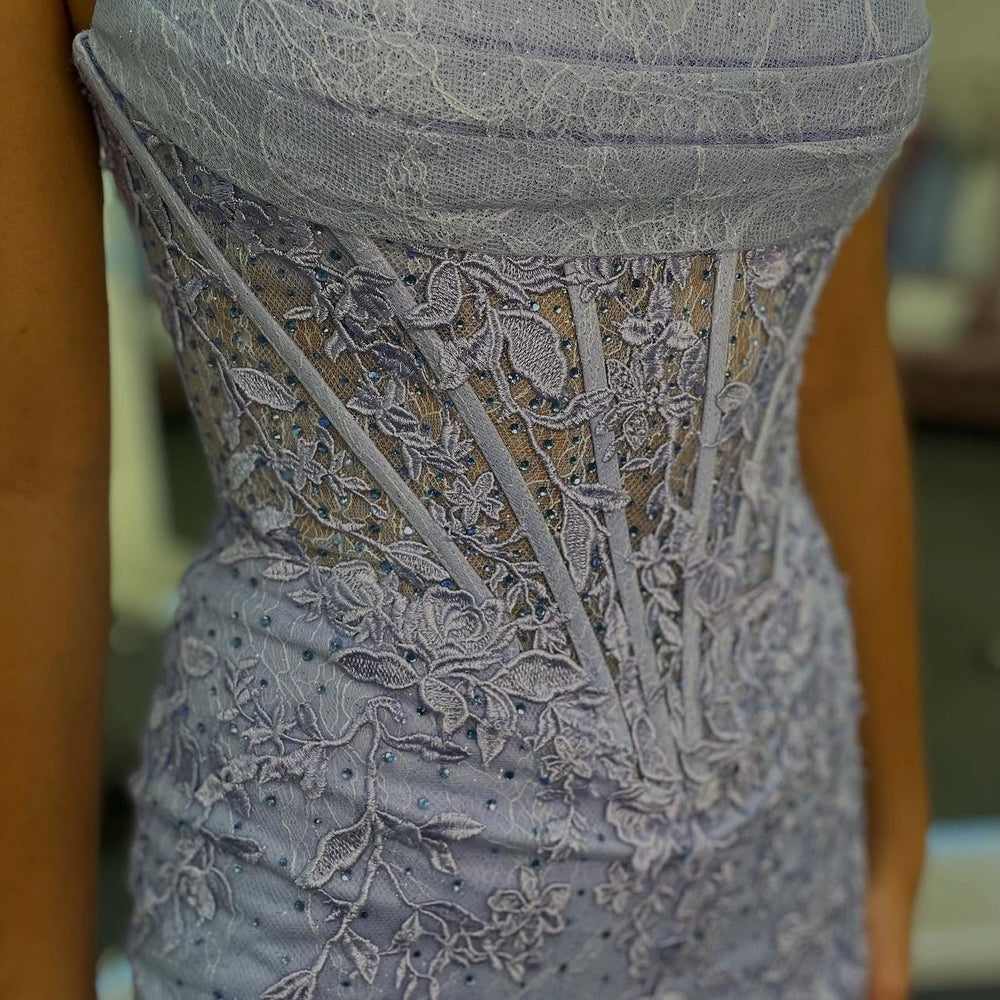 
                      
                        Strapless Lavender Lace Appliques Long Dress with Slit
                      
                    
