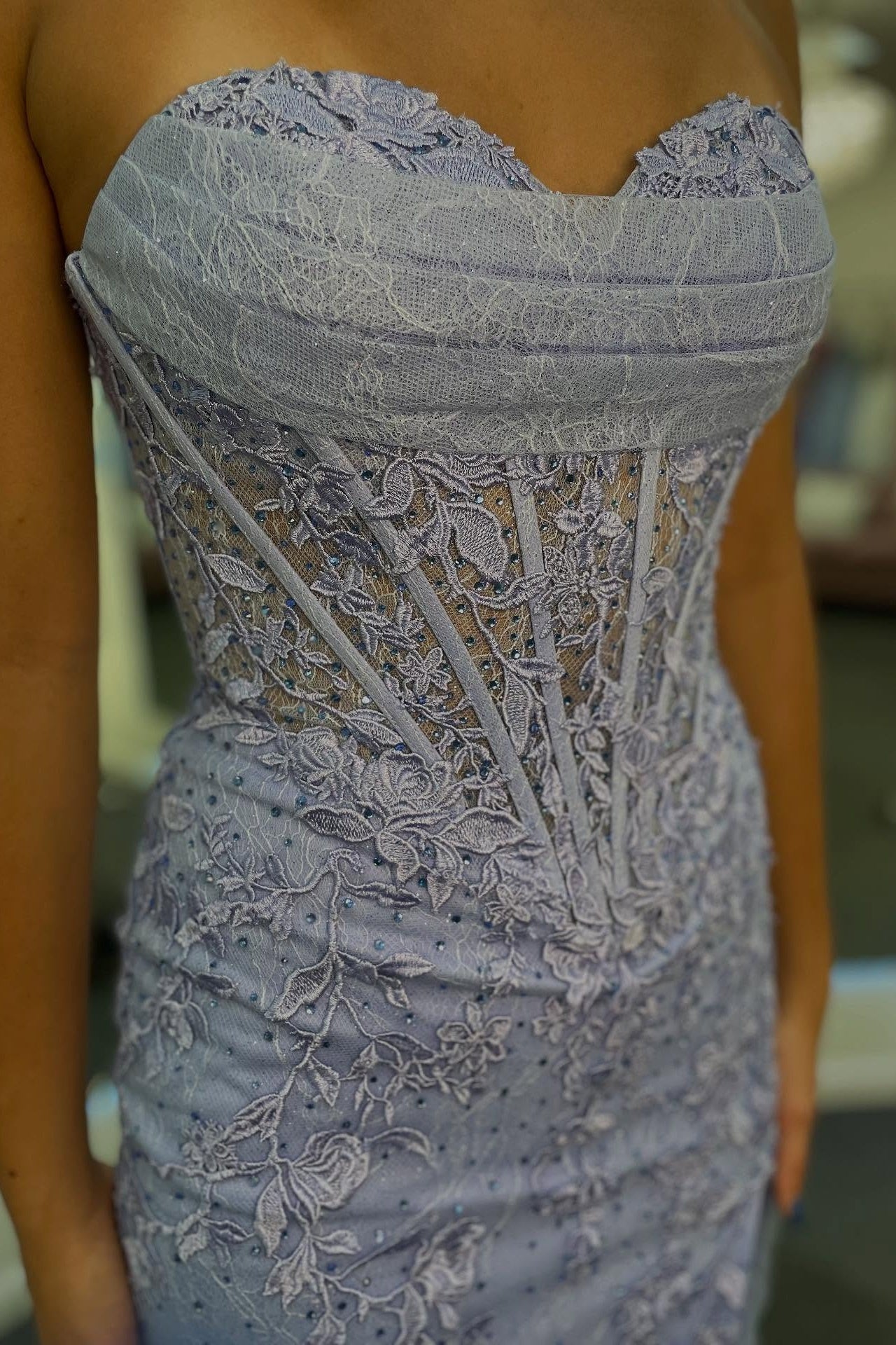 Strapless Lavender Lace Appliques Long Dress with Slit
