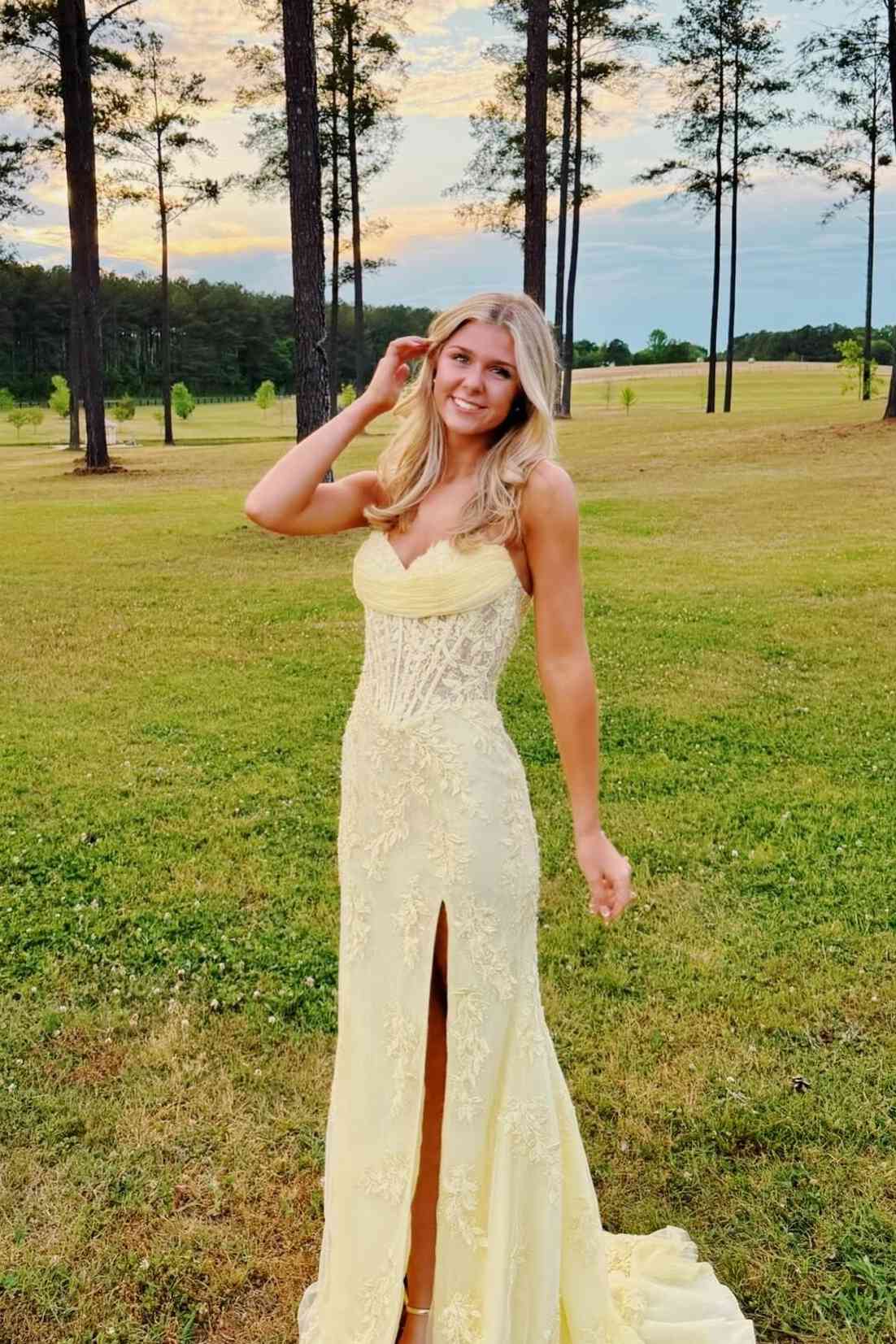 Strapless Lavender Lace Appliques Long Dress with Slit