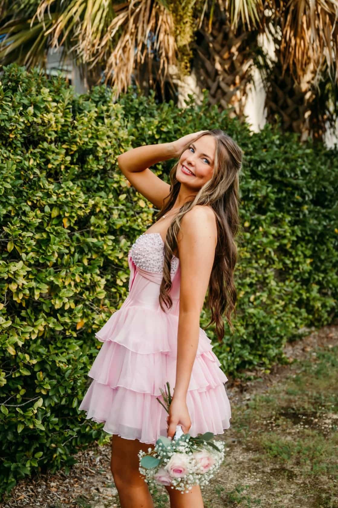 Strapless Lavender Tiered Short Dress with Pearls