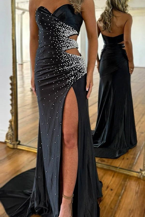Strapless Light Blue Beaded Long Dress with Slit