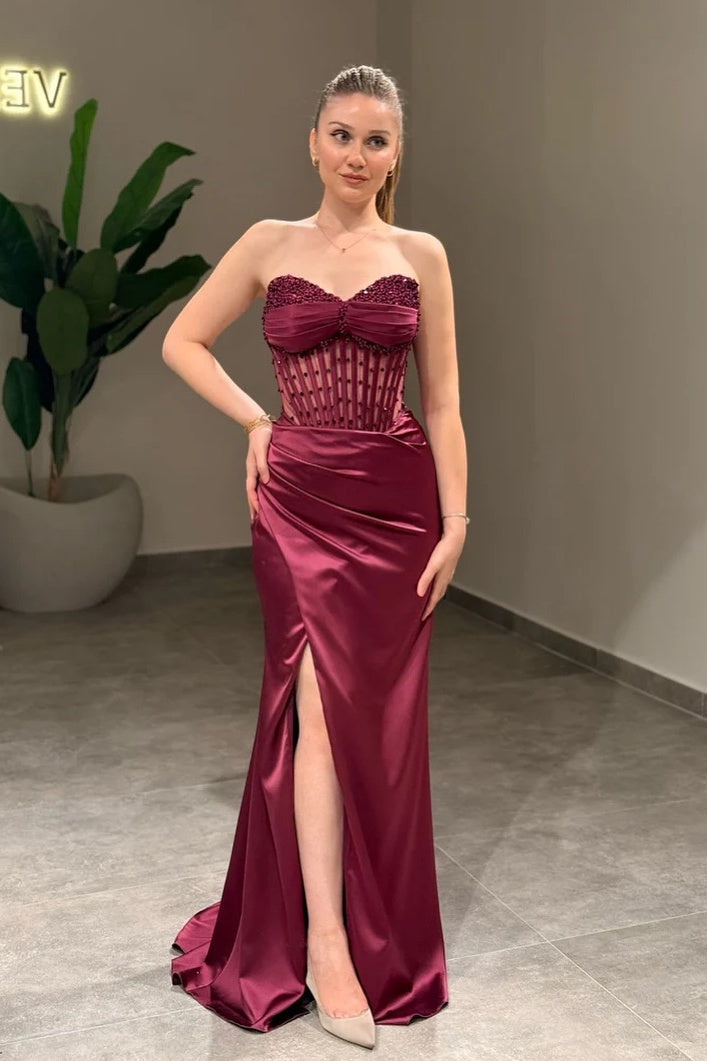 Strapless Light Blue Beaded Long Dress with Slit