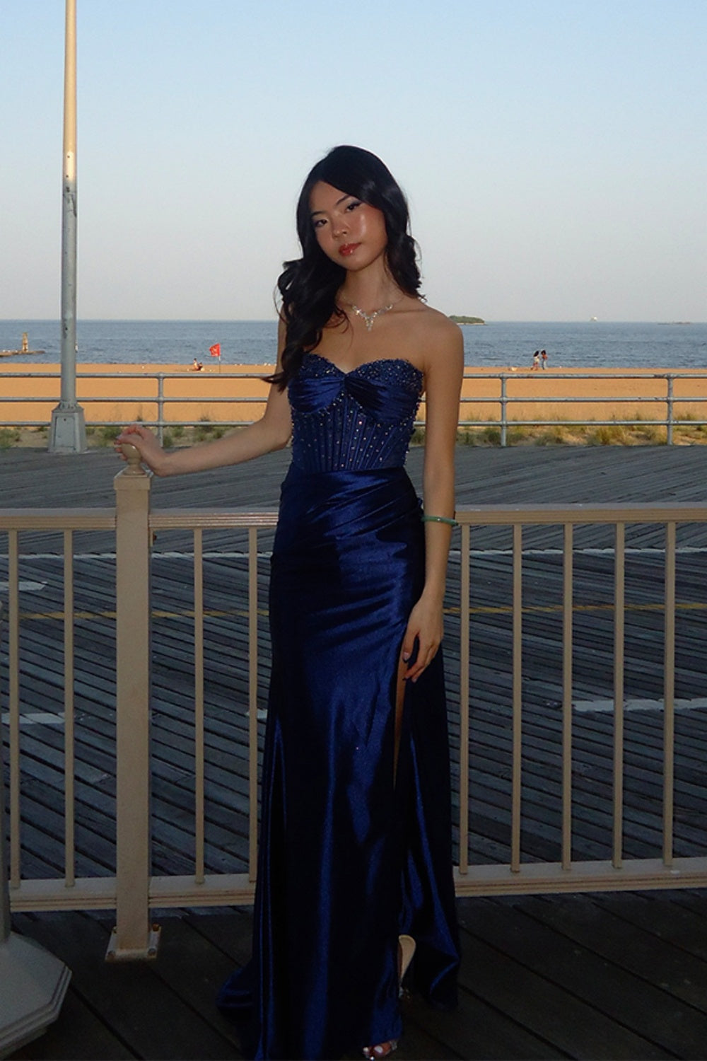 Strapless Light Blue Beaded Long Dress with Slit