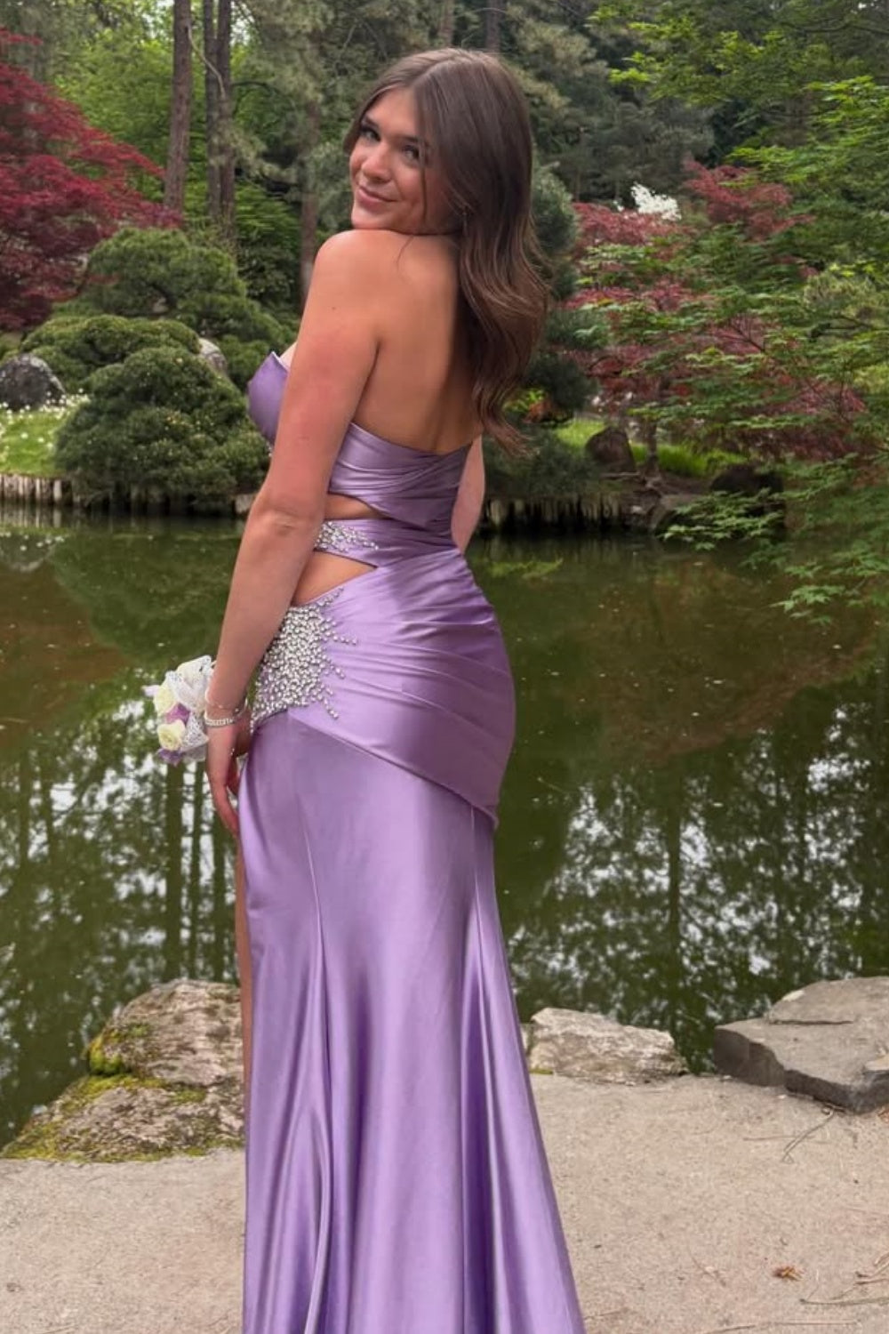 Strapless Light Blue Beaded Long Dress with Slit