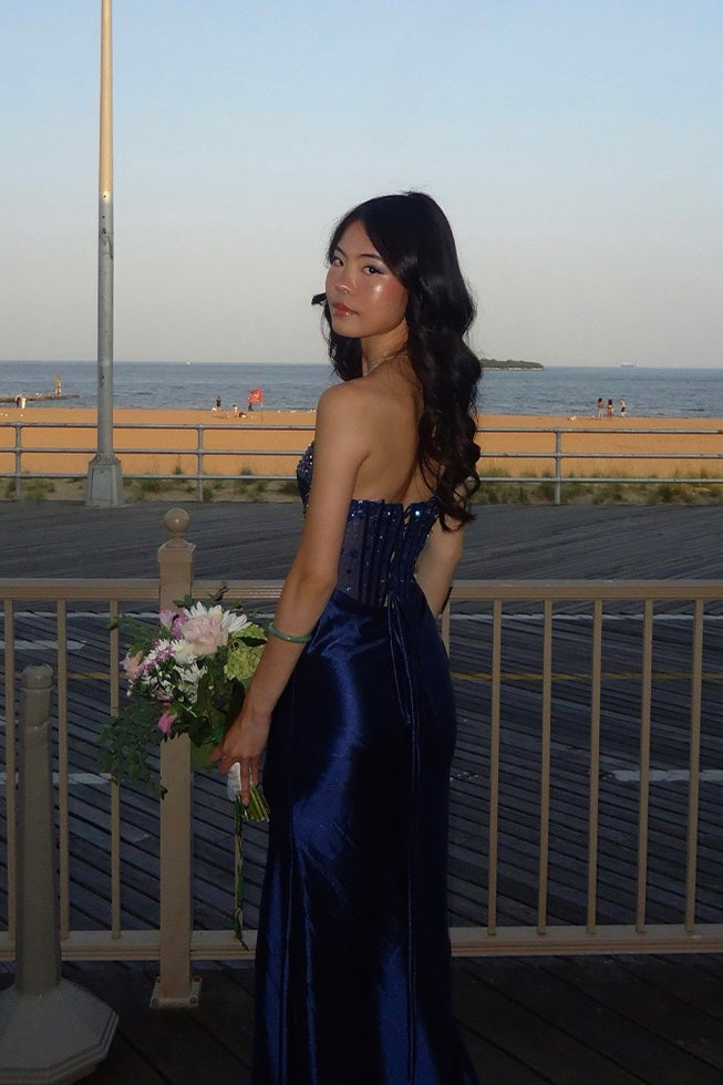 Strapless Light Blue Beaded Long Dress with Slit