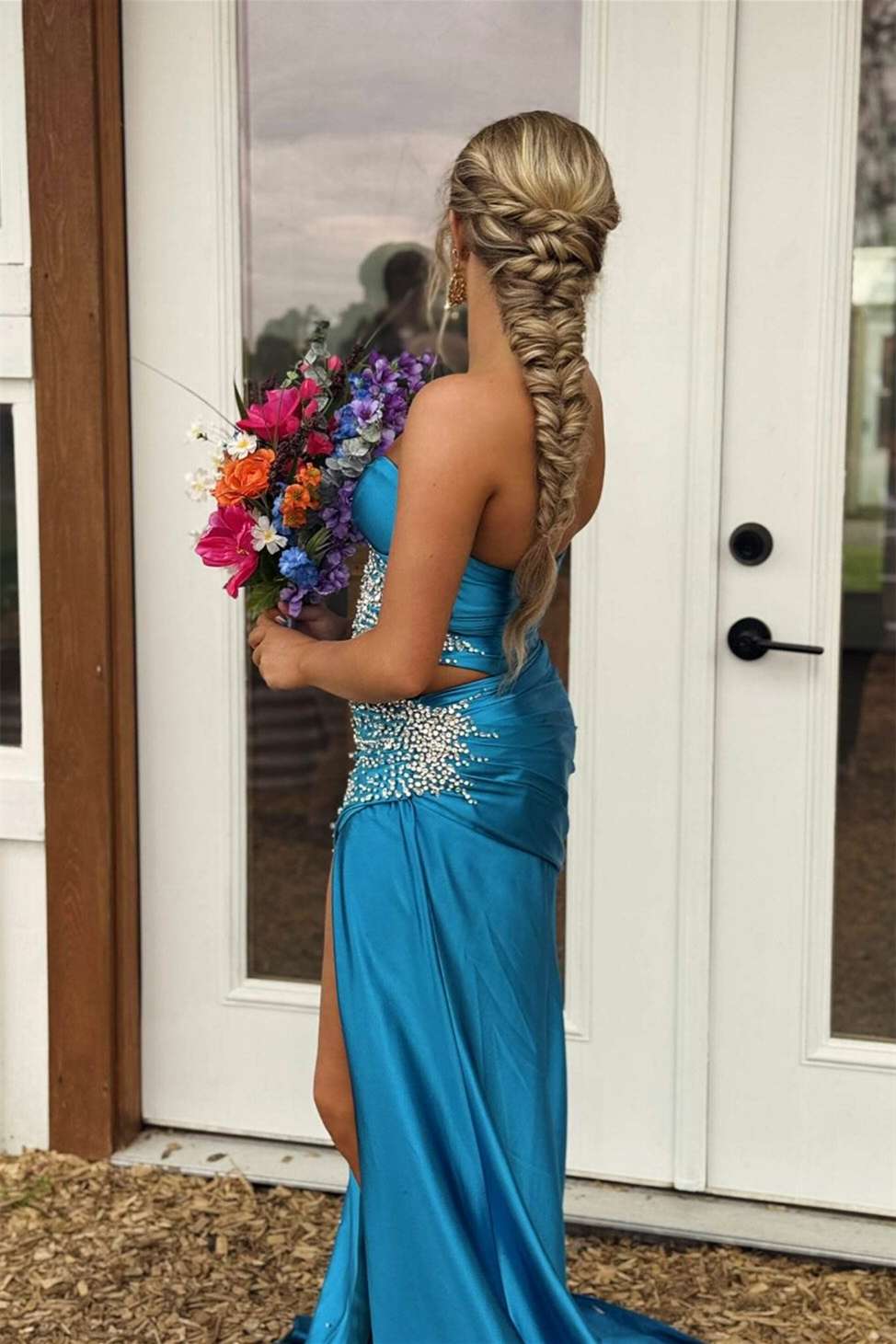 Strapless Light Blue Beaded Long Dress with Slit