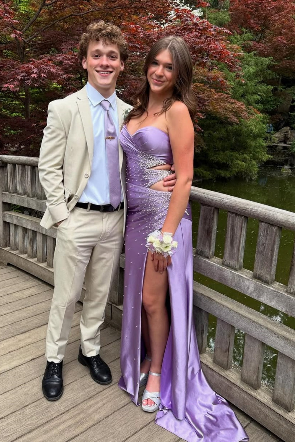 Strapless Light Blue Beaded Long Dress with Slit
