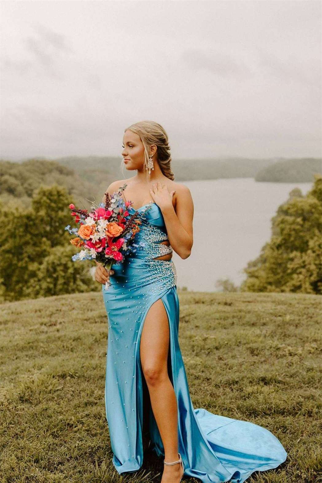 Strapless Light Blue Beaded Long Dress with Slit