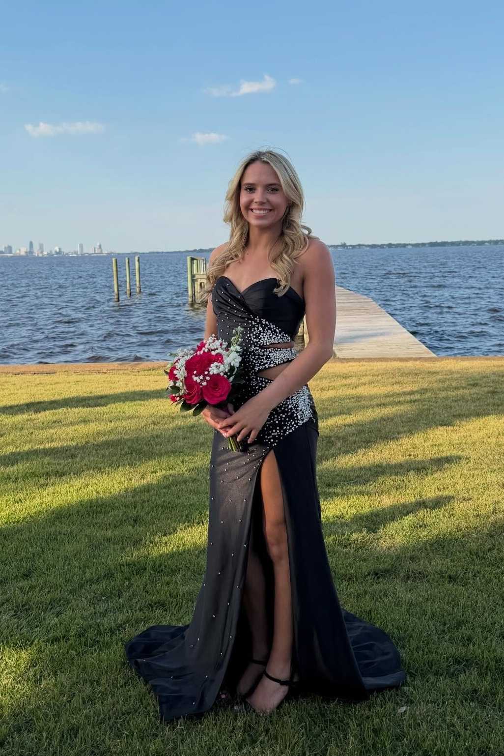 Strapless Light Blue Beaded Long Dress with Slit