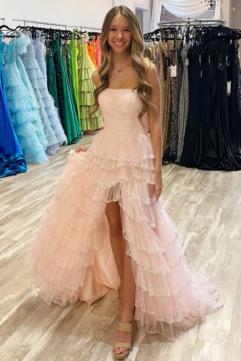 Strapless Light Blue Sequin Tiered A-line Long Dress