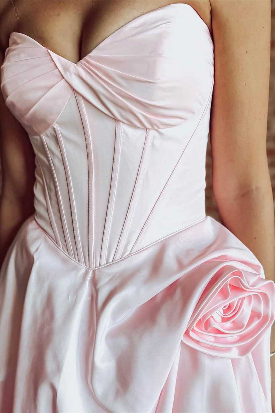 Strapless Light Pink 3D Floral Bubble Short Dress