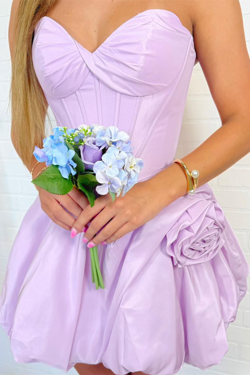 Strapless Light Pink 3D Floral Bubble Short Dress