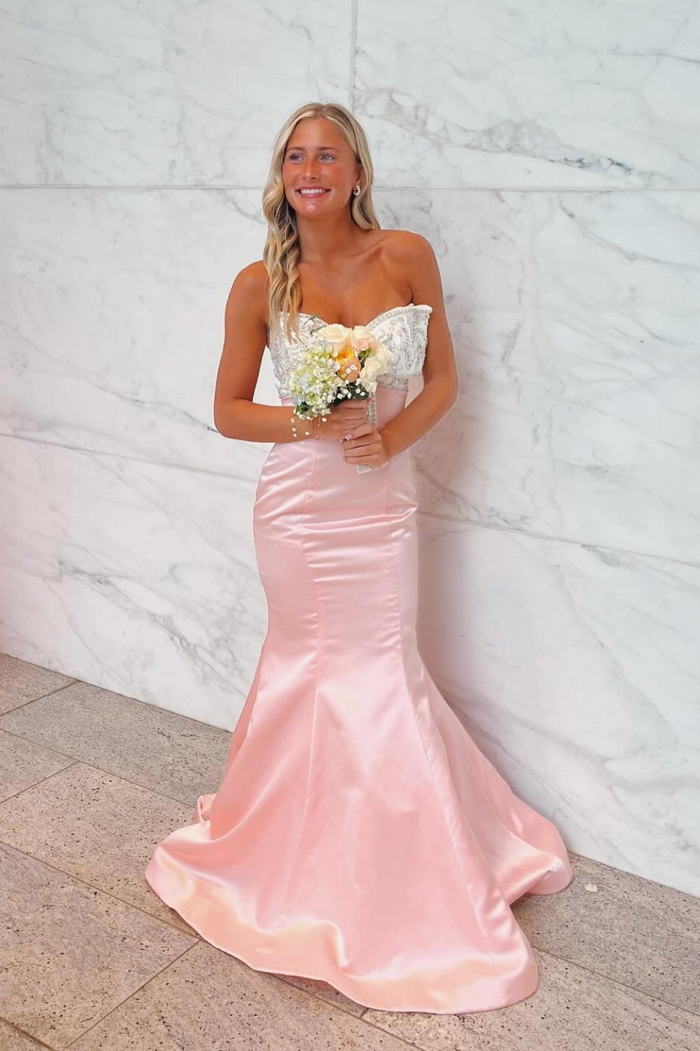 Strapless Light Pink Beaded Neck Mermaid Long Dress