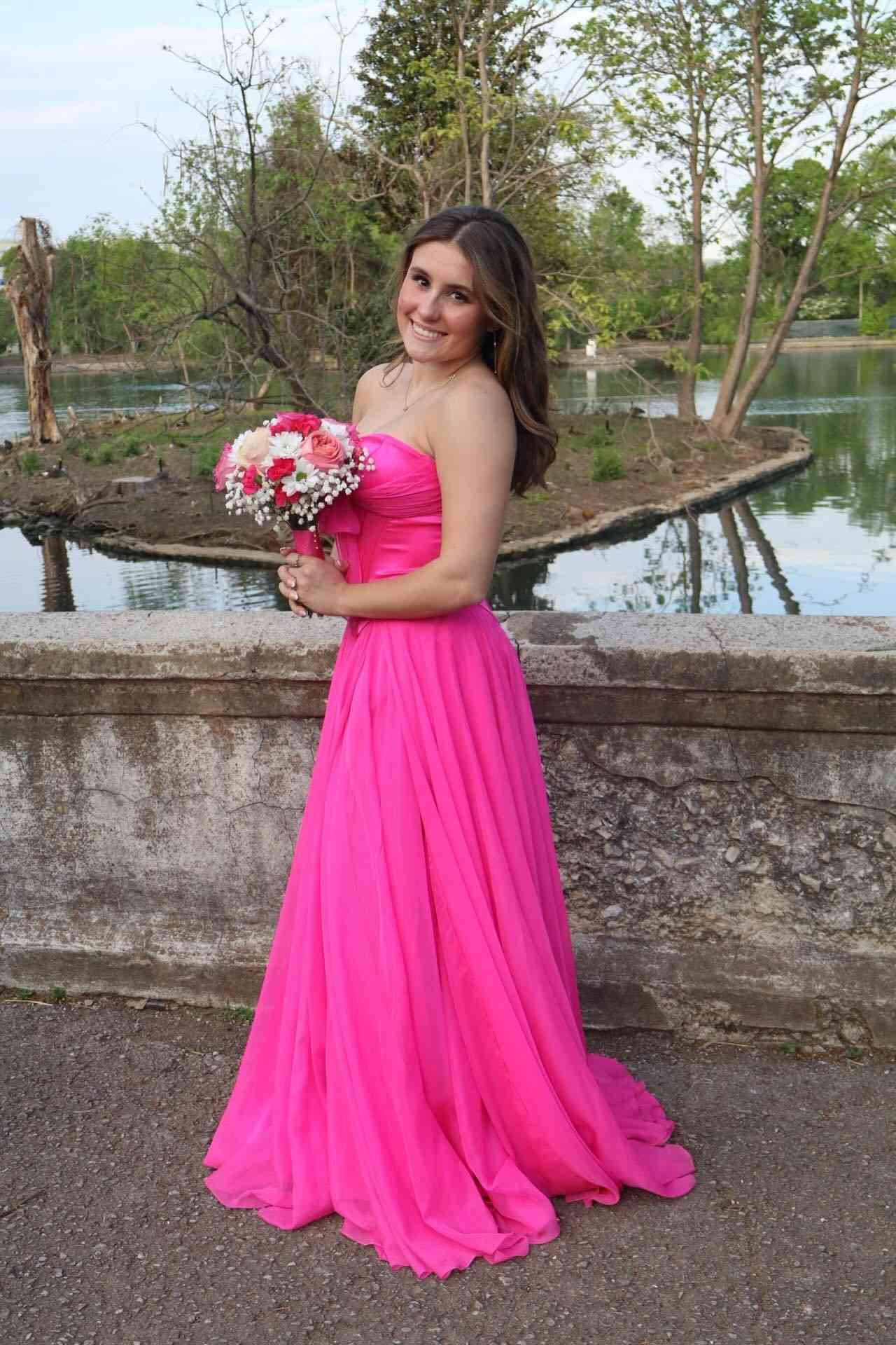 Strapless Light Pink Bow Front Long Dress with Slit