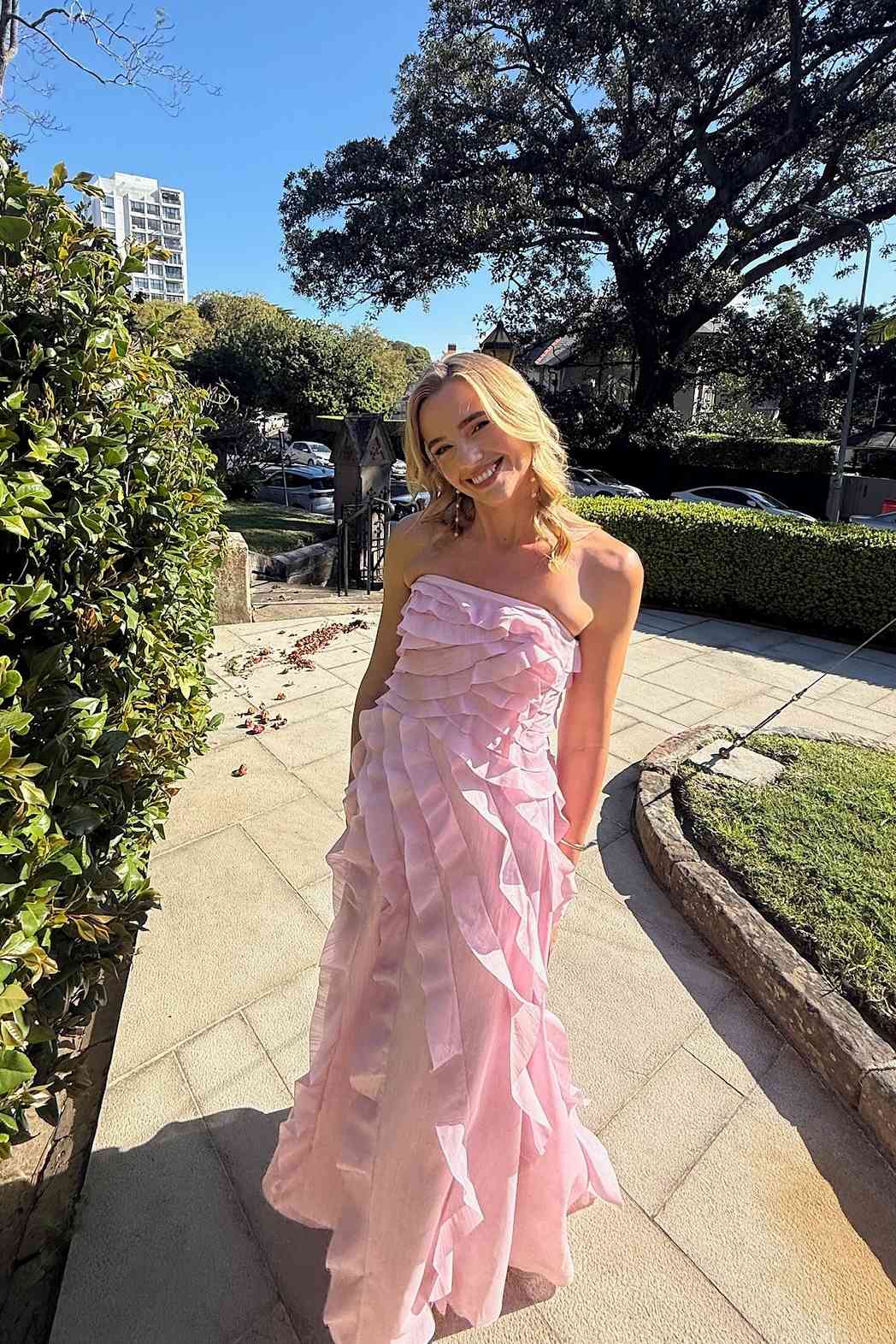 Strapless Light Yellow Ruffled Long Dress with Slit