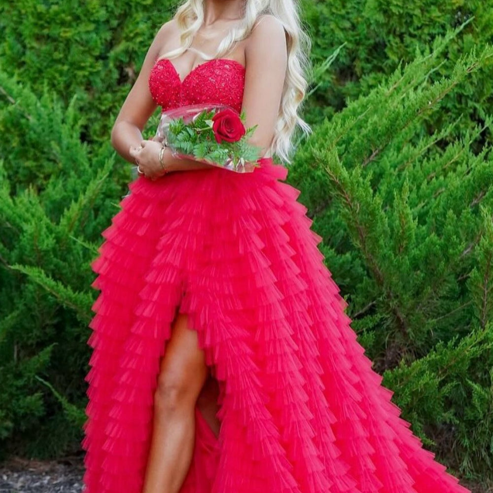
                      
                        Strapless Lilac Appliques Tiered Long Dress with Slit
                      
                    