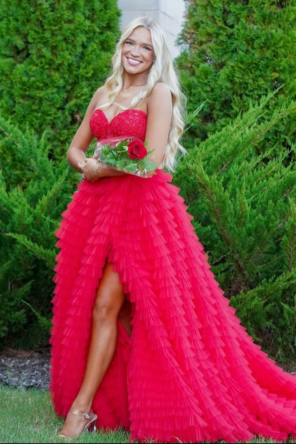 Strapless Lilac Appliques Tiered Long Dress with Slit