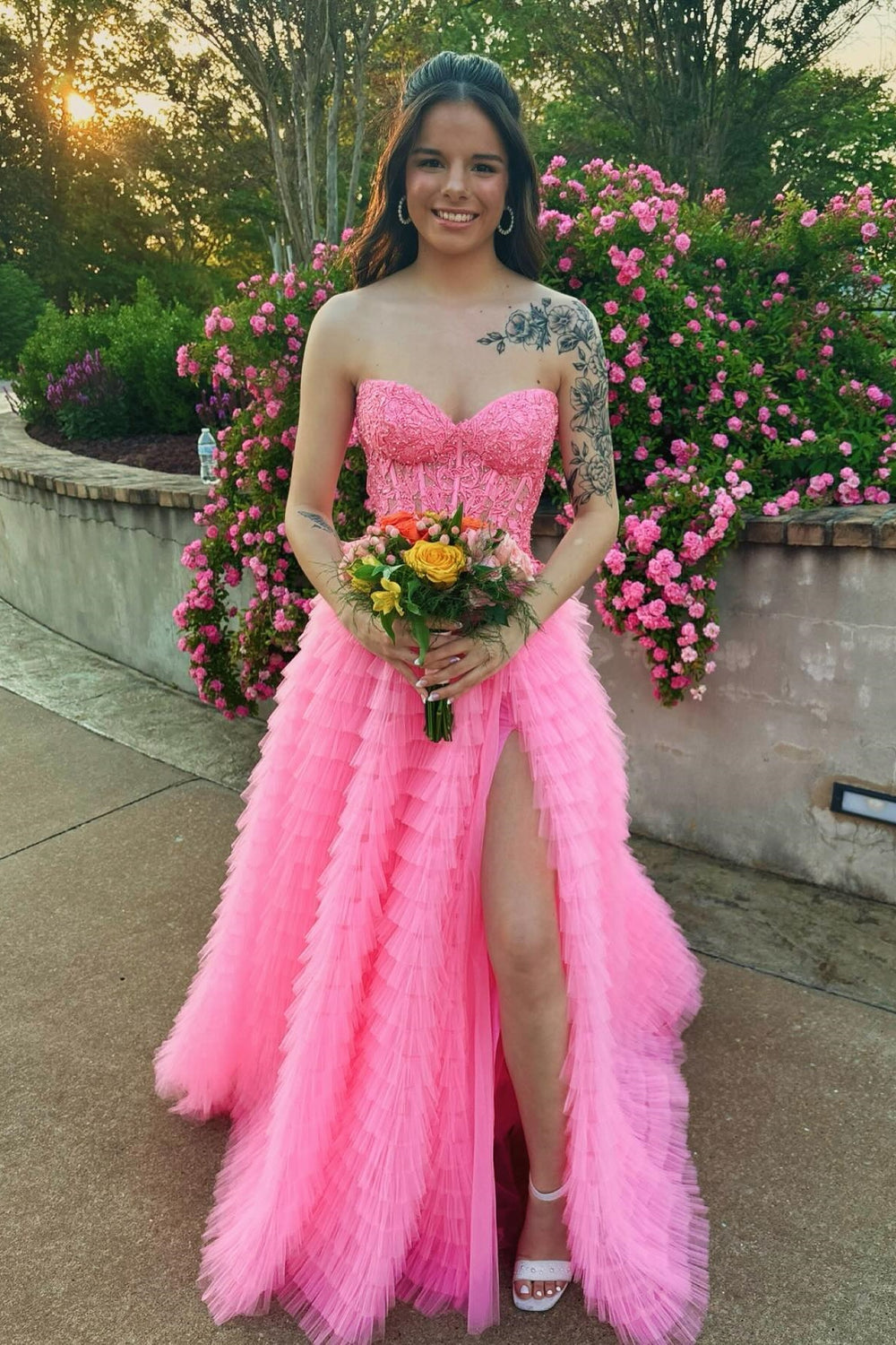 Strapless Pink Appliques Tiered Long Dress with Slit