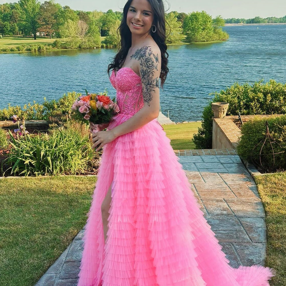 
                      
                        Strapless Lilac Appliques Tiered Long Dress with Slit
                      
                    