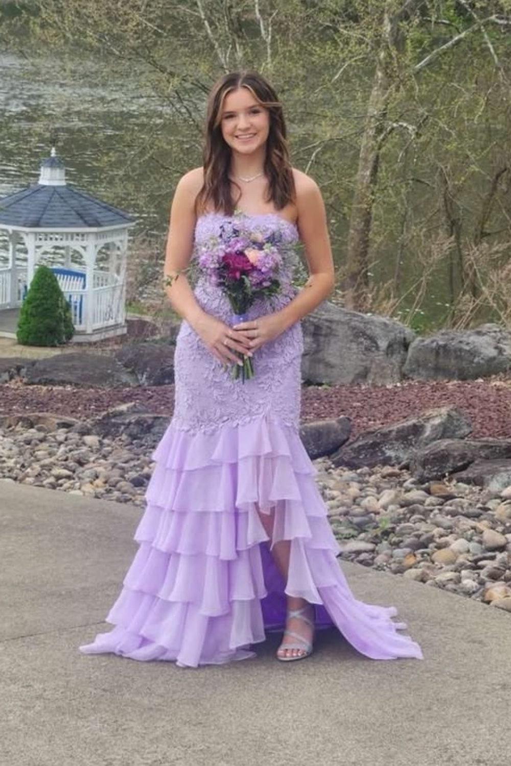 Strapless Mint Appliques Tiered Chiffon Long Dress