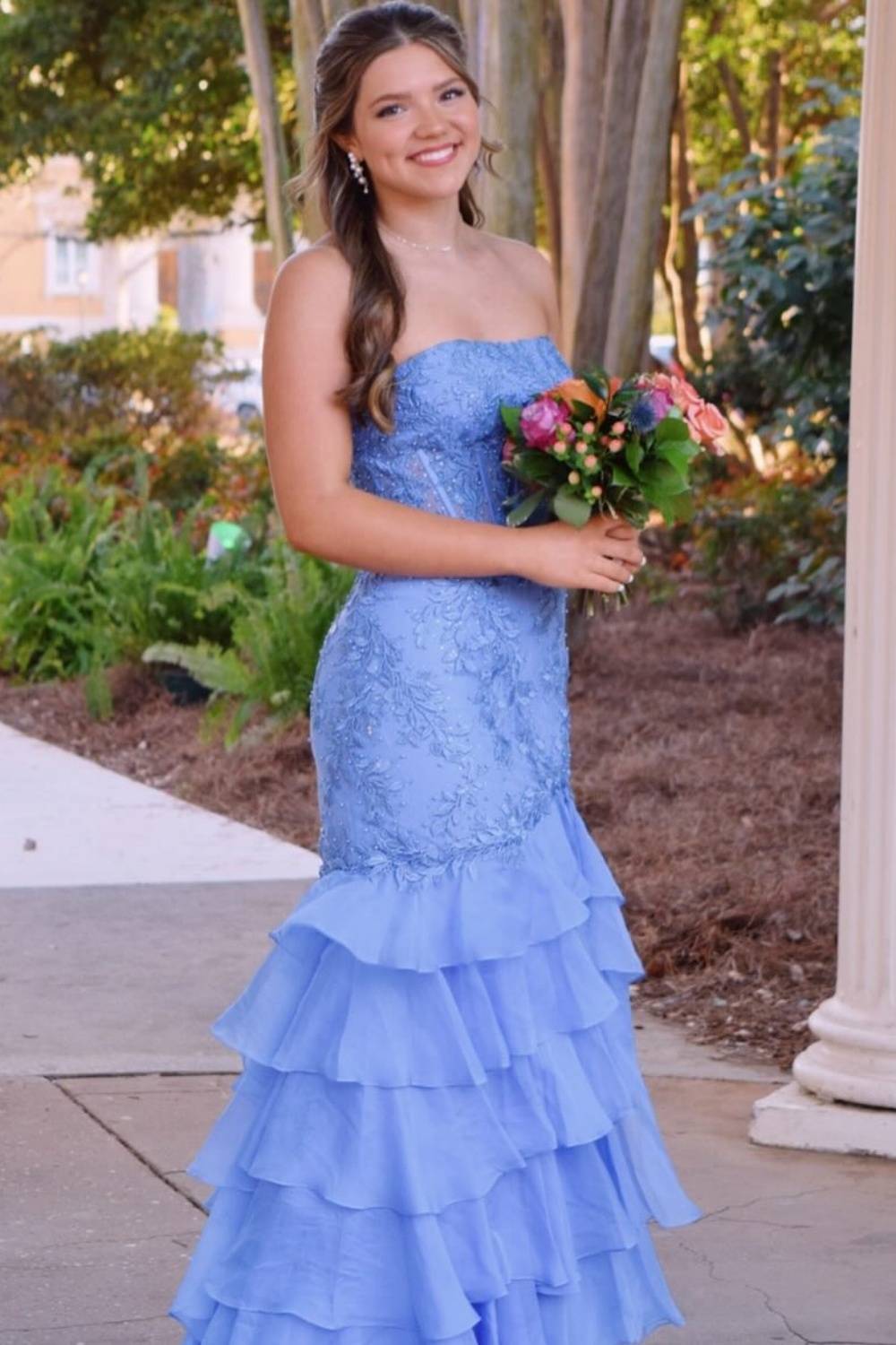Strapless Mint Appliques Tiered Chiffon Long Dress