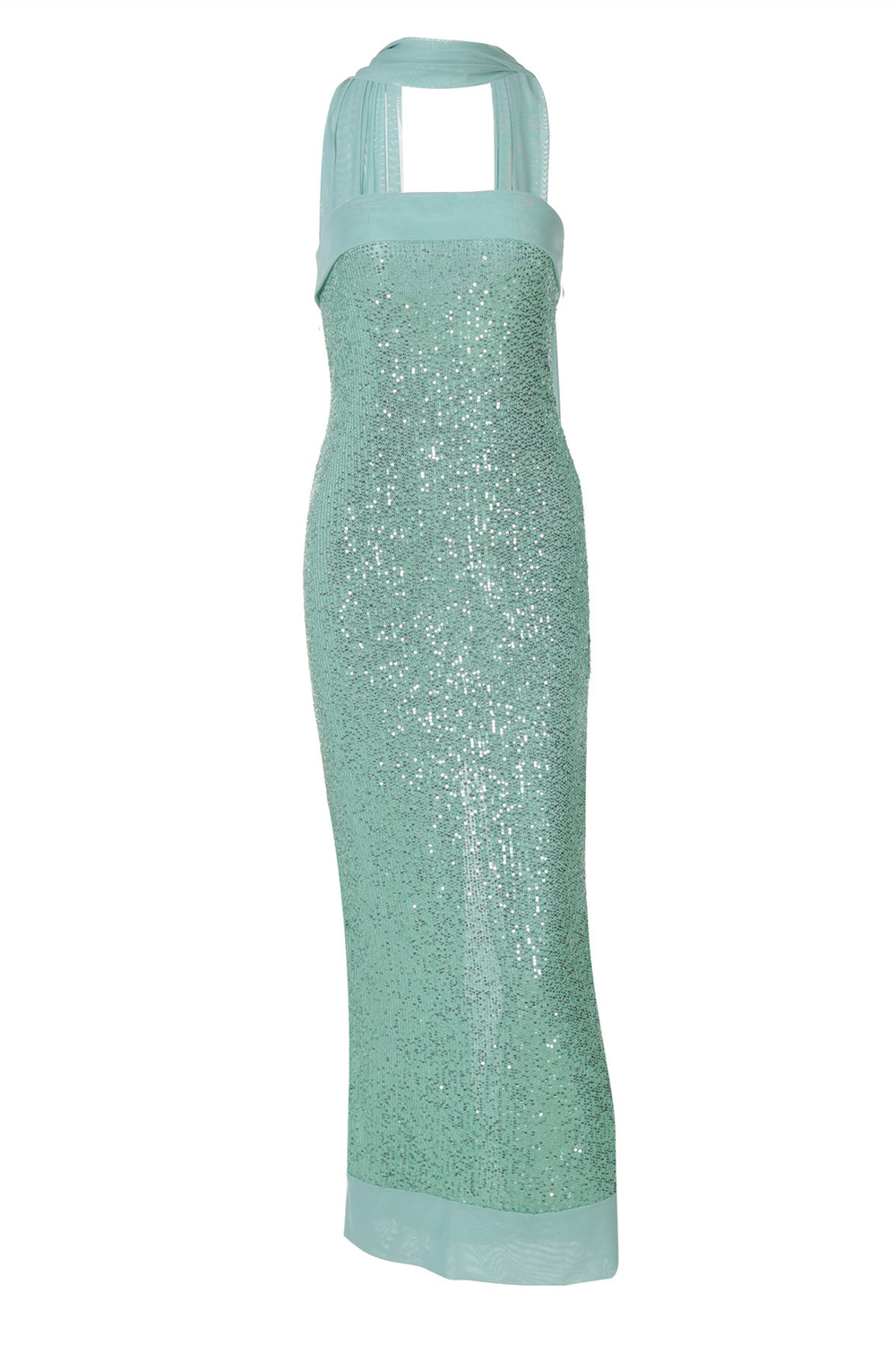Strapless Mint Green Sequin Sheath Long Dress with Streamer