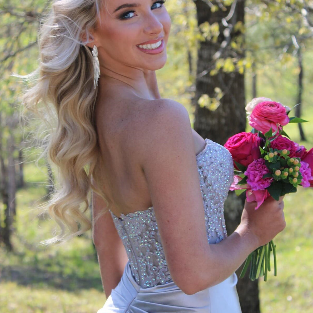 
                      
                        Strapless Navy Blue Appliques Long Dress with Slit
                      
                    