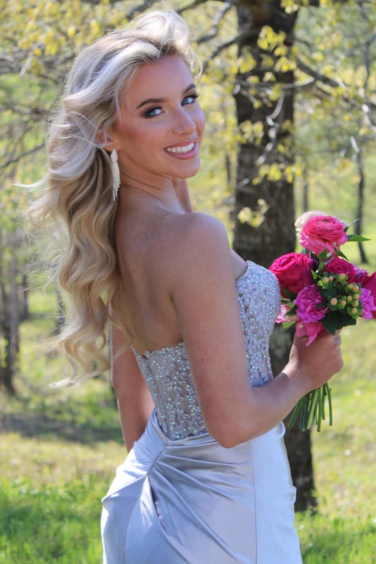 Strapless Navy Blue Appliques Long Dress with Slit