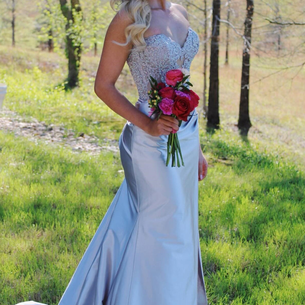 
                      
                        Strapless Navy Blue Appliques Long Dress with Slit
                      
                    