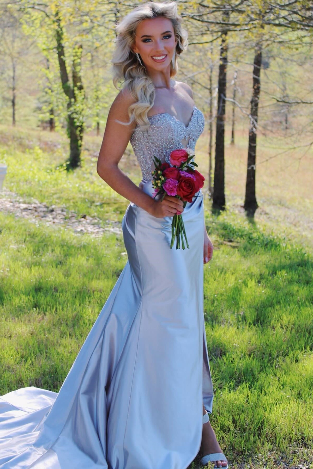Strapless Navy Blue Appliques Long Dress with Slit