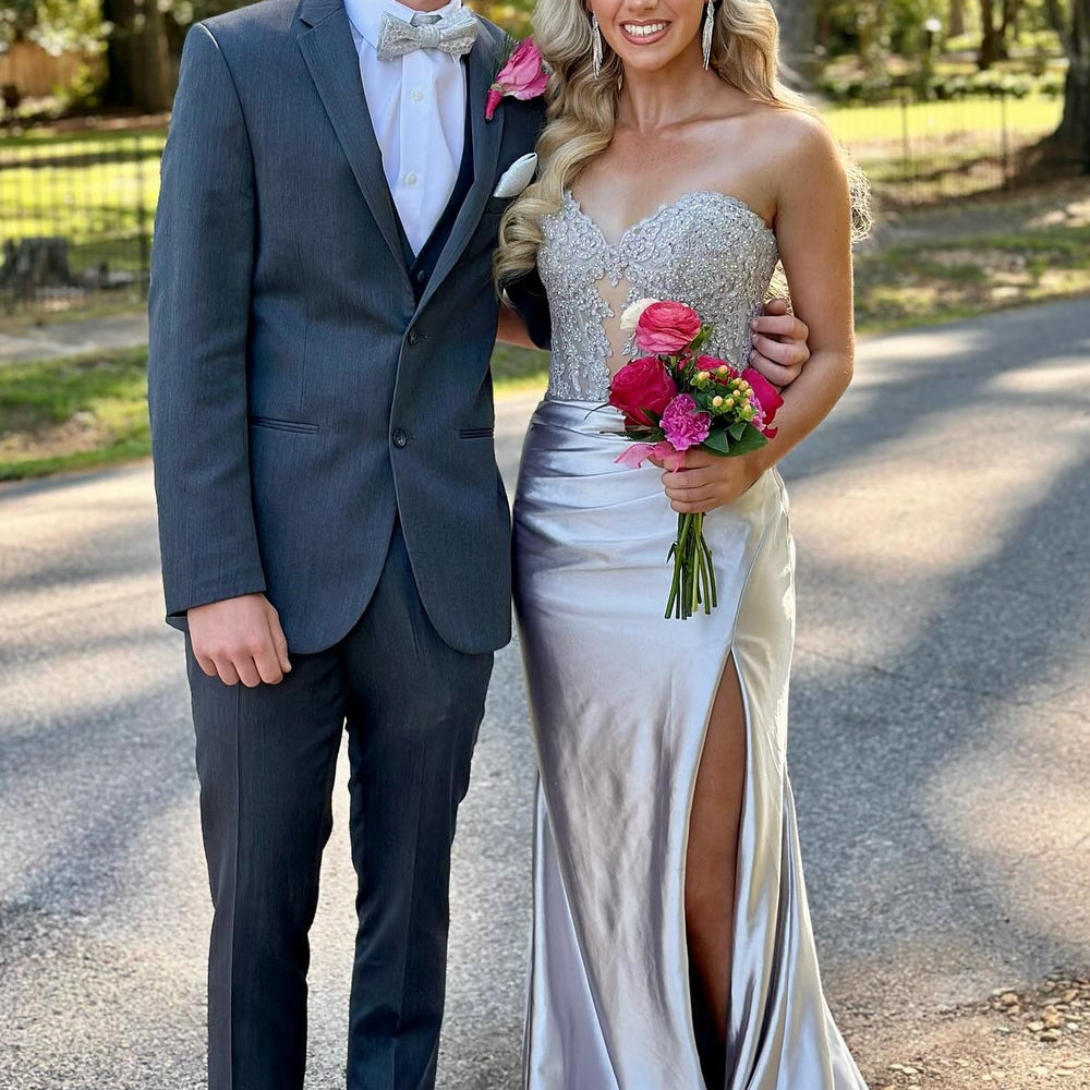 
                      
                        Strapless Navy Blue Appliques Long Dress with Slit
                      
                    