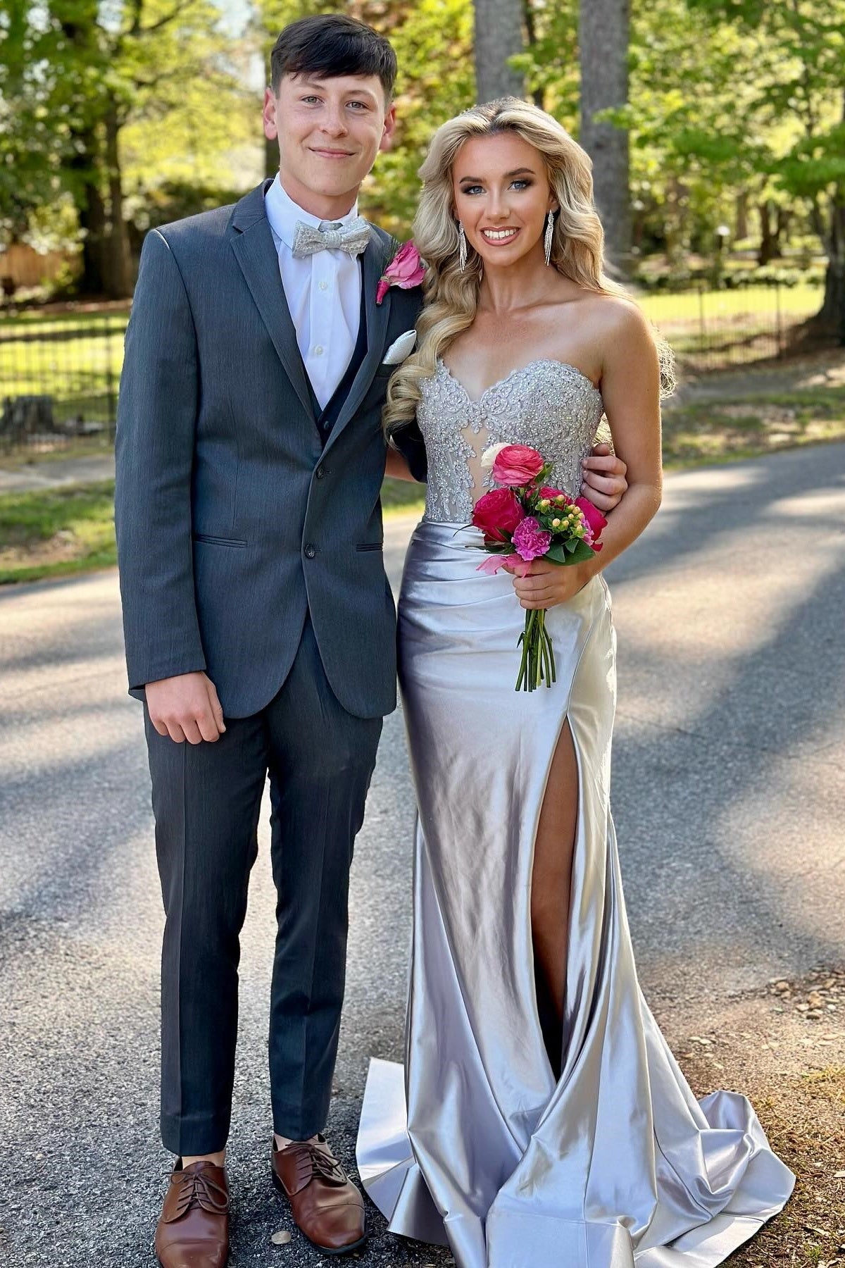 Strapless Navy Blue Appliques Long Dress with Slit
