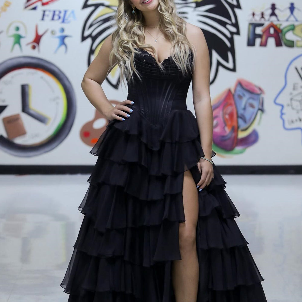 
                      
                        Strapless Navy Blue Appliques Tiered Long Dress with Slit
                      
                    