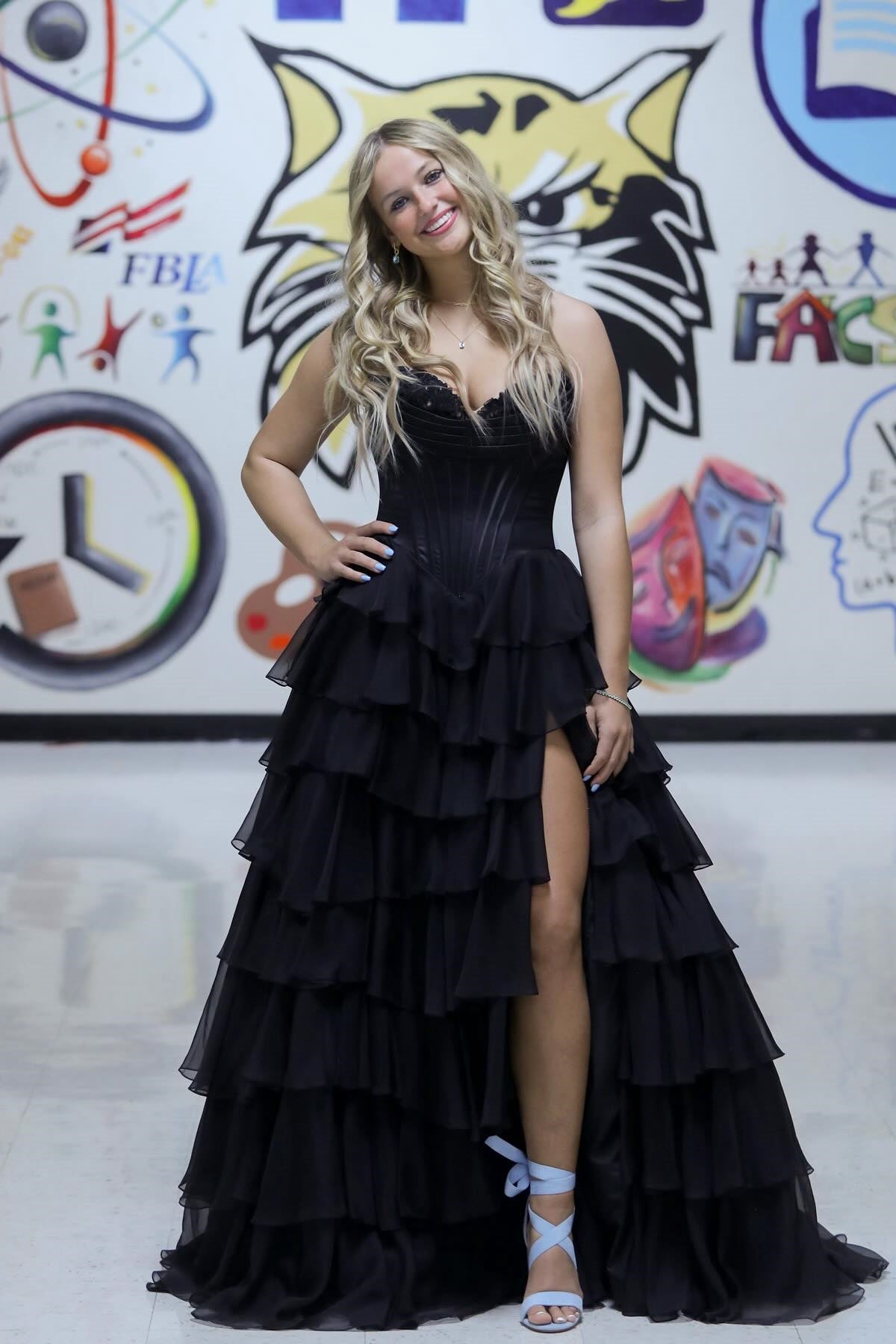 Strapless Navy Blue Appliques Tiered Long Dress with Slit