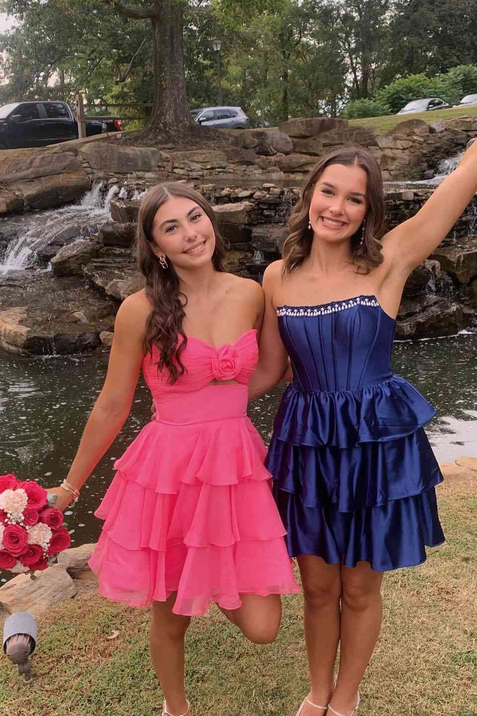 Strapless Navy Blue Tiered Short Dress with Beaded